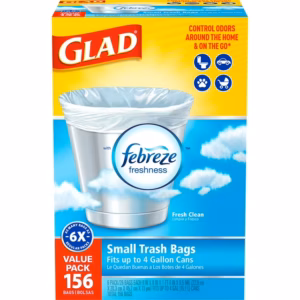 Glad Small Twist-Tie White Trash Bags – 4 Gallon, 156 Count, Fresh Clean Scent with Febreze