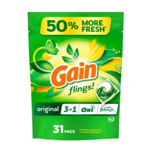 Gain Flings Laundry Detergent Soap Pacs – 3-in-1 Oxi Boost & Febreze, Original Scent, 31 Count