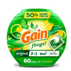 Gain Flings Laundry Detergent Pacs – 3-in-1 Oxi Boost & Febreze, Original Scent, 60 Count