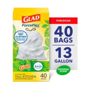 Glad ForceFlex Tall Kitchen Trash Bags – 13 Gallon, Gain Original with Febreze Freshness, 40 Count